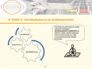 4.  Vaihe 2: Ainutlaatuisuus ja erottautuminen  Tunnista ne perinnearvot, jotka vetoavat kuluttajan  emotionaalisiin reaktioihin  ja optimoi niiden käyttö kaikessa kommunikoinnissa kun olet vuorovaikutuksessa heidän kanssaan. oivallukset  mieltymykset ainutlaatuisuus 