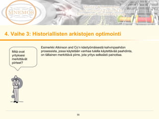 4.  Vaihe 3: Historiallisten arkistojen optimointi  Esimerkki Atkinson and Co’n käsityömäisestä kahvinpaahdon prosessista, jossa käytetään vanhaa tulella käytettävää paahdinta, on tällainen merkittävä piirre, jota yritys selkeästi painottaa.  Mitä ovat yrityksesi merkittävät piirteet ? 