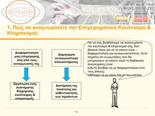 1.  Πώς να αναγνωρίσετε την Επιχειρηματική Κουλτούρα & Κληρονομιά; Διαφοροποίηση μιας επιχείρησης σας από τους ανταγωνιστές της   Δημιουργία ανταγωνιστικού πλεονεκτήματος   Οργάνωση ενός συστήματος διαχείρισης κουλτούρας & κληρονομιάς   Διατήρηση της ποιότητας και αυθεντικότητας των προϊόντων Για να σας βοηθήσουμε να αναγνωρίσετε την κουλτούρα & κληρονομιά σας, δύο βασικοί λόγοι για να το κάνετε είναι – διαφοροποίηση και ανταγωνιστικότητα.   Αυτό σημαίνει ότι οι ερωτήσεις που θα μπορούσατε να κάνετε κατά τη διαδικασία αναγνώρισης είναι:   Αυτό βοηθάει να με διαφοροποιήσει από τους άλλους;   Μπορεί να με κάνει πιο ανταγωνιστικό;   