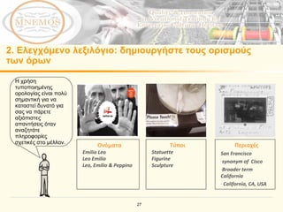 2.  Ελεγχόμενο λεξιλόγιο :  δημιουργήστε τους ορισμούς των όρων Περιοχές San Francisco synonym of  Cisco Broader term California California, CA, USA Ονόματα Emilio Leo Leo Emilio Leo, Emilio & Peppino Τύποι Statuette Figurine Sculpture Η χρήση τυποποιημένης ορολογίας είναι πολύ σημαντική για να καταστεί δυνατό για σας να πάρετε αξιόπιστες απαντήσεις όταν αναζητάτε πληροφορίες σχετικές στο μέλλον. 