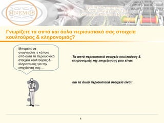 Γνωρίζετε τα απτά και άυλα περιουσιακά σας στοιχεία κουλτούρας & κληρονομιάς ?  Τα απτά περιουσιακά στοιχεία κουλτούρας & κληρονομιάς της επιχείρησης μου είναι:   και τα άυλα περιουσιακά στοιχεία είναι : Μπορείτε να αναγνωρίσετε κάποιο από αυτά τα περιουσιακά στοιχεία κουλτούρας & κληρονομιάς για την επιχείρησή σας…. 