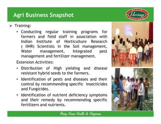 Agri Business Snapshot
Training:
 • Conducting regular training programs for
   farmers and field staff in association with
   Indian Institute of Horticulture Research
   ( IIHR) Scientists in the Soil management,
   Water       management,      Integrated    pest
   management and fertilizer management.
 Extension Activities:
 • Distribution of High yielding and disease
   resistant hybrid seeds to the farmers.
 • Identification of pests and diseases and their
   control by recommending specific insecticides
   and Fungicides.
 • Identification of nutrient deficiency symptoms
   and their remedy by recommending specific
   fertilizers and nutrients.
 