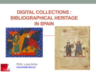 DIGITAL COLLECTIONS :
BIBLIOGRAPHICAL HERITAGE
IN SPAIN
PhDr. Luisa Alvite
luisa.alvite@unileon.es
 