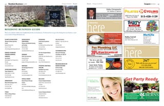 44       Resident BusinessGuide                                                                                                 Heritage Homefront   August   August Heritage Homefront                                                                                                CouponSection                     45




                                                                                                                                                                                                                                                                                                          of Mason LLC

                                                                                                                                                                                                                                                       6209 Snider Rd. Suite D
                                                                                                                                                                                                                                                         Mason, OH 45040            513-428-1129




                                                                                                                                                              here
                                                                                                                                                                   Advertise                                                   www.n2pub.com




resident business guide
These are residents within your neighborhood who own businesses. To find out how to get a free listing for your business, send
us an email at b.hayes@n2pub.com.                                                                                                                                                                         Your Specialists for Painting,
                                                                                                                                                                                                                Flooring  More
                                                                                                                                                                                                                                                       Kathy Carroll                 9435 Waterstone Blvd
                                                                                                                                                                                                                                                                                     Suite 140
                                                                                                                                                                                                                                                       Insurance for your            Cincinnati, OH 45249
ALLERGY  ASTHMA CENTER                HEATING AND AIR                      PSYCHIATRIST                         Sibcy Cline Realtors                                                                                                                  Auto, Home, Boat and Life*    Tel (513) 543-3220
Allergy  Asthma Specialty             CONDITIONING                         Professional Psychiatric             Madeline S. Hoge, Executive Vice                                                                       Quality Work                                                 Fax (513) 444-2099
                                                                                                                                                                                                           Exceptional Service • Competitive Pricing                                 kcarroll1@metlife.com
Center                                 Thomas and Galbraith Heating         Services                             President                                                                                  513-289-9231 www.marketreadyhs.com
                                                                                                                                                                                                                                                                                     www.kathycarrollcares.metlife.com




                                                                                                                                                                                                                                                       here
Masood Ahmad, M.D.                     and Cooling                          Drs. Mohamed Aziz and Gihan Razik    (513) 659-0095
(513) 777-7097                         Michael Weber                        (513) 229-7585                       mhoge@sibcycline.com
www.allergyandasthmaspecialty.com      (513) 825-6805                       info@ppsych.com
                                                                                                                                                                                                                                                         Advertise                                     www.n2pub.com


                                       www.MasterWorkService.com                                                 TELECOMMUNICATIONS
BIODIESEL TECHNOLOGY                                                        The Christ Hospital Medical          Advanced Technology
PROVIDER  BIODIESEL                   INSURANCE                            Associates                           Consulting, Inc. dba ATC
PRODUCER                               State Farm Insurance                 Hanish Sethi, MD, Head Director of   David Goodwin
Jatro Diesel                           George Meinberg                      Psychiatry                           (513) 323-1122
Rahul Bobbili, Vice President  Co -   (513) 891-0100                       (513) 585-3690                       www.4atc.com                                      Paint now or paint later,
Founder                                george.meinberg.bxzh@statefarm.com   www.TheChristHospital.com                                                            Just remember…Anne            Tabor
(937) 847-8050                                                                                                   WEB DESIGN AND ON-LINE
www.jatrodiesel.com                    MORTGAGES                            PSYCHIATRY, ADDICTION               BUSINESS SOLUTIONS                                Custom Interior Painting
                                                                                                                                                                  Free Estimates and Color Consultation
                                       The Mortgage Network of              PAIN CARE                            De Novo Dezign                                  ajtabor@cinci.rr.com • 513.266-3412
CUSTOM JEWELRY/REPAIR                  Ohio Inc.                            Individual Care Center               Maria Kalomenidou
Tiger Arlington LLC                    Jeff Steinacker                      Abe Soliman, M.D.                    (513) 886-7010
Alison Martin, G.G. (GIA)              (513) 607-6079                       (513) 774-9444                       www.denovodezign.com
(513) 490-4048                         www.themortgagenet.net               www.Individualcarecenter.com
tigerarlington@me.com
                                       PHYSICAL THERAPY                     REAL ESTATE
DERMATOLOGIST                          Oxford Physical Therapy              Comey  Shepherd Realtors                                                          A Healthy Home
                                                                                                                                                               for a Healthier You
Mason Dermatology Center               Centers                              Sandra Peters, Senior Sales Vice
Jan Fu, M.D., Ph. D                    Ken Rusche                           President
(513) 459-1988                         ken.rusche@oxfordphysicaltherapy.    (513) 300-2518                                                                     Offering an economical and
www.drjanfu.com                        com                                  speters@comey.com                                                                  ecofriendly lifestyle.
                                                                                                                                                               Ranging from exceptional
                                       www.oxfordphysicaltherapy.com                                                                                           cleaners to superior dog treats.
FITNESS                                                                     Comey  Shepherd Realtors
Pilates Cycling of Mason                                                    Stephanie Broshear                                                                 See Green. Go Green. Save Green.
Cathy Kurlemann                                                             (513) 260-6179
(513) 428-1129                                                              sbroshear@comey.com                                                                513-258-3455
                                                                                                                                                               angelahenry99@gmail.com
 