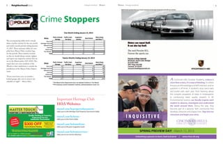 9March Heritage Homefront8 Heritage Homefront MarchNeighborhoodNews
Crime Stoppers
The accompanying tables show a break-
down of police activity for the one month
and twelve month periods ending January
15, 2013.These summary tables are com-
piled from Mason Police incident logs
for the periods.These statistics remind
us that we should always remain vigilant
and report any suspicious activity that we
see to the Mason police (925-2525).This
report does not cover residents of the
Woods as their subdivision is outside the
jurisdiction of the Mason Police Depart-
ment.
“If you must leave your car outside a
locked garage, take care to remove any
valuables at night” – Mason Police
tinyurl.com/hcpropertydocuments -	 	
takes you to the Heritage Club Property Documents folder
tinyurl.com/hcforms - 		
takes you to the Forms folder
tinyurl.com/hchomefront - 		
takes you to the past magazine issues
tinyurl.com/hchomeservices - 	 	
takes you to our service directory
Important Heritage Club
HOA Websites
Locally
Owned &
Operated!
Call us TODAY for a FREE estimate!
Coupon not valid with any other offer.
Must be presented at time of estimate.
Expires March 31, 2013.
$300 OFF
Interior/Exterior Painting
Good On any Job
$1000 or more
I N Q U I S I T I V E
At Cincinnati Hills Christian Academy, science is
morethanaclass,it’sawayofthinking.It’s where
thepursuitofknowledgeandfaithintersect,andno
question is off limits. A student’s story starts early
and builds with each year: from learning about
the complex properties of water in kindergarten
to conducting water quality research in AP
Environmental Science, our faculty inspires each
student to observe, investigate and understand
the world around them. Along the way, they
become part of a dynamic faith community that
develops character and shapes lives. Step into our
classroom and begin your story.
CINCINNATI HILLS
C H R I S T I A N A C A D E M Y
Unleashing a passion to learn, lead and serve | www.chca-oh.org
SPRING PREVIEW DAY - March 12, 2013
 