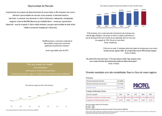Oportunidade de Mercado                                                                                                          Taxa média de ocupação de hotéis na área da Barra da Tijuca e de São Conrado


                                                                                                                                                                                                                                               66,25%                                      68,87%                 68,58%
                                                                                                                                                                                                                                                                      59,23%
Investimentos em projetos de desenvolvimento de novos hotéis no Rio de Janeiro são raros e                                                                                                                              54,32%
                                                                                                                                                                                                  47,99%
                                                                                                                                                                            43,80%
                  oferecem oportunidades de mercado muito atraentes. A demanda histórica
      reprimida, a crescente nova demanda e a oferta insuficiente, inadequada e ultrapassada
        surgerem níveis de RevPAR (Revenue per Available Room - receita por apartamento
disponível - taxa de ocupação X diária média) elevados, que gera oportunidade de altas tarifas
                                                                                                                                                                              2005                  2006                   2007                  2008                   2009                 2010                   2011
                                           médias e as taxas de ocupação por muitos anos.                                                                                  Fonte: Associação Brasileira da Indústria de Hotéis do Rio de Janeiro (ABIH-RJ)




                                                                                                                                             “O Rio de Janeiro atrai a maior parte dos investimentos não só porque será
                                                                                                                                            sede dos Jogos Olímpicos, mas porque os hotéis na cidade já apresentam si-
                                                                                                                                           nais de saturação.O Rio está no limite da sua capacidade, pois tem uma taxa
                                                                                       “RevPAR promissor e crescimento moderado da                        de ocupação de 75%. Precisa ter mais hotéis”.
                                                                                          oferta definem cenário para crescimento                                       Fonte: HotelInvest
                                                                                           significativo da performance hoteleira.”
                                                                                                                                                                                              “O Rio está na moda. O calendário oficial está repleto de atrações para o ano inteiro.
                                                                                            Jones Lang LaSalle, Julho de 2012                                                                  Na última semana, segundo a ABIH - RJ, os hotéis da Barra tiveram 98% dos leitos ocupados”.
                                                                                                                                                                                                                                  Fonte: O Globo


                                                                                                                                            “Até o final de 2015 serão, pelo menos, 17.232 novos quartos na cidade. Hoje a situação é crítica,
                                                                                                                                                  mas o caminho está dado, afirma Eduardo Paes, prefeito da cidade do Rio de Janeiro”.
                                                                                                                                                                                    Fonte: O Globo
                                                    Por que investir em hotéis?
                                                         . Alta rentabilidade.
                                              . Valorização do imóvel como patrimônio.
                                                                                                                                           Grandes resultados com alta rentabilidade. Esse é o foco do nosso negócio.
           . Processo mais lucrativo, seguro e confiável que a locação de imóvel residencial.

                                                                                                                                            Premissas:
                                                                                                                                              Receita proveniente da diária                                                                R$ 400,00
                                                                                                                                              Receita proveniente dos serviços *                                                            R$ 78,00
                                               Taxa média de ocupação de hotéis no Rio de Janeiro
                                                                                                                                              Total da receita                                                                             R$ 478,00
                                                                                                                        80,01%


                                                                                                           73,75 %                          Projeção de Resultado Mensal
                                                                                             68,79 %
                                                                                                                                              Taxa de ocupação                                                                                  65%                   70%                   75%                   80%                    85%
                                                                             65,86 %
                                                      62,98 %

                                63,06 %                                                                                           32,6 %
                                                                                                                                              Resultado a distribuir por fração mensal                                                    R$2.160,18 R$ 2.354,01 R$ 2.547,85 R$ 2.741,68 R$ 2.935,52

         59,65 %                                                                                                                              Projeção do resultado líquido mensal                                                            0,79%                  0,86%                0,93%                  1,00%                 1,07%

                                                                                                                                           Taxa de ocupação média do Rio de Janeiro
           2005                  2006                   2007                  2008            2009          2010         2011              Ano 2010 - 74%
                                                                                                                                           Ano 2011 - 80%
Fonte: Associação Brasileira da Indústria de Hotéis do Rio de Janeiro (ABIH-RJ)
                                                                                                                                           Fonte: Associação Brasileira da Indústria de Hotéis do Rio de Janeiro (ABIH-RJ)
                                                                                                                                           Os dados acima foram obtidos mediante pesquisa mercadológica feita pela Protel e sua veracidade e/ou conformidade são de total responsabilidade da Protel, estando a Calper ou qualquer de suas coligadas isentas e
                                                                                                                                           indenes de qualquer informação que, por ventura, esteja equivocada e/ou em desconformidade.
                                                                                                                                           * Restaurante, bares, frigobar, aluguel de salas de reunião, centro de convenções e SPA.
 