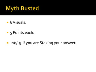  6Visuals.
 5 Points each.
 +10/-5 if you are Staking your answer.
 