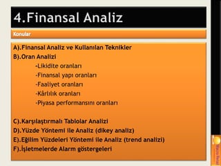 A).Finansal Analiz ve Kullanılan Teknikler
B).Oran Analizi
-Likidite oranları
-Finansal yapı oranları
-Faaliyet oranları
-Kârlılık oranları
-Piyasa performansını oranları
C).Karşılaştırmalı Tablolar Analizi
D).Yüzde Yöntemi ile Analiz (dikey analiz)
E).Eğilim Yüzdeleri Yöntemi ile Analiz (trend analizi)
F).İşletmelerde Alarm göstergeleri
 