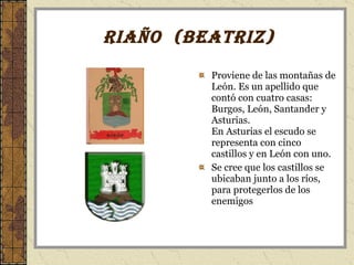 Riaño  (beatriz) Proviene de las montañas de León. Es un apellido que contó con cuatro casas: Burgos, León, Santander y Asturias. En Asturias el escudo se representa con cinco castillos y en León con uno. Se cree que los castillos se ubicaban junto a los ríos, para protegerlos de los enemigos  