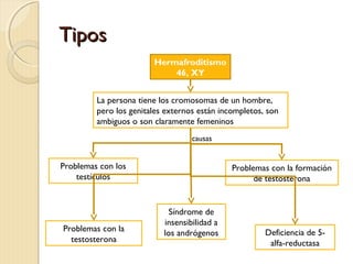 TiposTipos
Hermafroditismo
46, XY
La persona tiene los cromosomas de un hombre,
pero los genitales externos están incompletos, son
ambiguos o son claramente femeninos
Problemas con los
testículos
Problemas con la formación
de testosterona
Problemas con la
testosterona
Deficiencia de 5-
alfa-reductasa
causas
Síndrome de
insensibilidad a
los andrógenos
 
