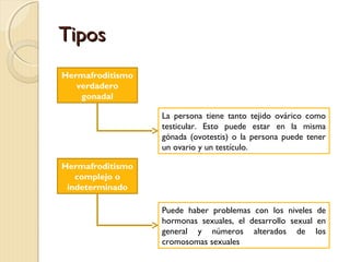 TiposTipos
Hermafroditismo
verdadero
gonadal
Hermafroditismo
complejo o
indeterminado
La persona tiene tanto tejido ovárico como
testicular. Esto puede estar en la misma
gónada (ovotestis) o la persona puede tener
un ovario y un testículo.
Puede haber problemas con los niveles de
hormonas sexuales, el desarrollo sexual en
general y números alterados de los
cromosomas sexuales
 