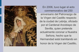 Aunque hoy día puede ser vestida gracias a la ampliación de su cuerpo mediante la incrustación de un pequeño candelero, originalmente fue concebida como imagen de talla completa estofada y policromada. Su primitiva factura hubo de ser alterada en el transcurso de los siglos del barroco para poder ser vestida y adornada ricamente. 