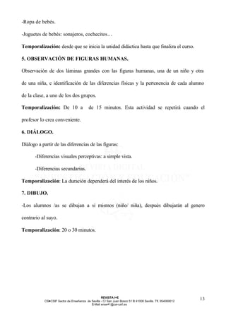 -Ropa de bebés.

-Juguetes de bebés: sonajeros, cochecitos…

Temporalización: desde que se inicia la unidad didáctica hasta que finaliza el curso.

5. OBSERVACIÓN DE FIGURAS HUMANAS.

Observación de dos láminas grandes con las figuras humanas, una de un niño y otra

de una niña, e identificación de las diferencias físicas y la pertenencia de cada alumno

de la clase, a uno de los dos grupos.

Temporalización: De 10 a                   de 15 minutos. Esta actividad se repetirá cuando el

profesor lo crea conveniente.

6. DIÁLOGO.

Diálogo a partir de las diferencias de las figuras:

       -Diferencias visuales perceptivas: a simple vista.

       -Diferencias secundarias.

Temporalización: La duración dependerá del interés de los niños.

7. DIBUJO.

-Los alumnos /as se dibujan a sí mismos (niño/ niña), después dibujarán al genero

contrario al suyo.

Temporalización: 20 o 30 minutos.




                                                    REVISTA I+E
            CSI—CSIF Sector de Enseñanza de Sevilla - C/ San Juan Bosco 51 B 41008 Sevilla. Tlf. 954069012
                                                                                                             13
                                            E-Mail ense41@csi-csif.es
 
