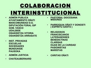 COLABORACION INTERINSTITUCIONAL ADMÓN PUBLICA AYUNTAMIENTO OÑATI MANCOMUNIDAD D.G. DIPUTACIÓN FORAL GIP GOB. VASCO UDALBIDE OSAKIDETZA VITORIA OSAKIDETZA ARRASATE INST. PRIVADAS ESCUELAS SOCIEDADES MUNDUKIDE PAUSOKA ADMÓN JUSTICIA CHATEAUBERNARD PASTORAL DIOCESANA MISIONES PARROQUIA OÑATI Y DONOSTI ( ESPÍRITU SANTO ) RELIGIOSOS FRANCISCANOS LATERANENSES BENEDICTINAS CLARISAS HIJAS DE LA CARIDAD PASIONISTAS MARISTAS CÁRITAS OÑATI 