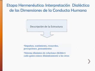 Etapa Hermenéutica: Interpretación Dialéctica
 de las Dimensiones de la Conducta Humana




         •Impulsos, sentimiento, recuerdos,
         percepciones, pensamientos
         •Sistema dinámico de relaciones (Köhler)
         cada quien conoce dinámicamente a las otras
 