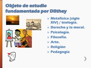 » Metafísica (siglo
  XIV) / teología.
» Derecho y la moral.
» Psicología.
» Filosofía.
» Arte.
» Religión
» Pedagogía
 