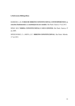 11
6. Referencias Bibliográficas
BARROSO, L.R. CURSO DE DIREITO CONSTITUCIONAL CONTEMPORÂNEO: os
conceitos fundamentais e a constituição do novo modelo. São Paulo: Saraiva. 4ª ed, 2013.
DINIZ, M.H. NORMA CONSTITUCIONAL E SEUS EFEITOS. São Paulo: Saraiva. 8ª
ed, 2009.
SPITZCOVSKY, C. e MOTA, L.P. DIREITO CONSTITUCIONAL. São Paulo: Método.
11ª ed, 2013.
 