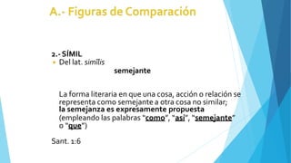 2.-SÍMIL
◾ Del lat. simĭlis
semejante
La forma literaria en que una cosa, acción o relación se
representa como semejante a otra cosa no similar;
la semejanza es expresamente propuesta
(empleando las palabras “como”, “así”, “semejante”
o “que”)
Sant. 1:6
 