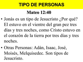 TIPO DE PERSONAS
Mateo 12:40
• Jonás es un tipo de Jesucristo ¿Por qué?
El estuvo en el vientre del gran pez tres
días y tres noches, como Cristo estuvo en
el corazón de la tierra por tres días y tres
noches.
• Otras Personas: Adán, Isaac, José,
Moisés, Melquisedec. Son tipos de
Jesucristo.

 