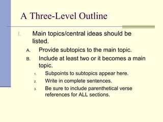 A Three-Level Outline
I. Main topics/central ideas should be
listed.
A. Provide subtopics to the main topic.
B. Include at least two or it becomes a main
topic.
1. Subpoints to subtopics appear here.
2. Write in complete sentences.
3. Be sure to include parenthetical verse
references for ALL sections.
 