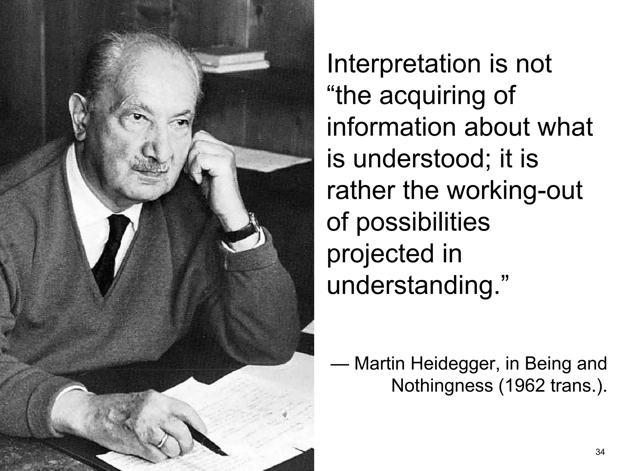 Interpretation is not
“the acquiring of
information about what
is understood; it is
rather the working-out
of possibilities
projected in
understanding.”
— Martin Heidegger, in Being and
Nothingness (1962 trans.).
34FACULTY OF ARTS | FOAR701
 