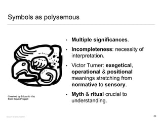Symbols as polysemous
• Multiple significances.
• Incompleteness: necessity of
interpretation.
• Victor Turner: exegetical,
operational & positional
meanings stretching from
normative to sensory.
• Myth & ritual crucial to
understanding.
23FACULTY OF ARTS | FOAR701
 