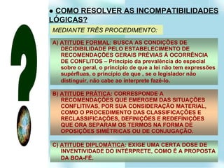 ●  COMO RESOLVER AS INCOMPATIBILIDADES LÓGICAS? MEDIANTE TRÊS PROCEDIMENTO:  A)  ATITUDE FORMAL : BUSCA AS CONDIÇÕES DE DECIDIBILIDADE PELO ESTABELECIMENTO DE RECOMENDAÇÕES GERAIS PRÉVIAS Á OCORRÊNCIA DE CONFLITOS – Princípio da prevalência do especial sobre o geral, o princípio de que a lei não tem expressões supérfluas, o princípio de que , se o legislador não distinguir, não cabe ao interprete fazê-lo.   B)  ATITUDE PRÁTICA : CORRESPONDE A RECOMENDAÇÕES QUE EMERGEM DAS SITUAÇÕES CONFLITIVAS, POR SUA CONSIDERAÇÃO MATERIAL, COMO O PROCEDIMENTO DAS CLASSIFICAÇÕES E RECLASSIFICAÇÕES, DEFINIÇÕES E REDEFINIÇÕES QUE ORA SEPARAM OS TERMOS NA FORMA DE OPOSIÇÕES SIMÉTRICAS OU DE CONJUGAÇÃO.  C)  ATITUDE DIPLOMÁTICA : EXIGE UMA CERTA DOSE DE INVENTIVIDADE DO INTÉRPRETE, COMO É A PROPOSTA DA BOA-FÉ.   