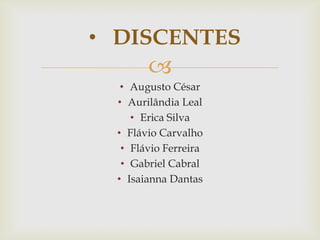 • DISCENTES


• Augusto César
• Aurilândia Leal
• Erica Silva
• Flávio Carvalho
• Flávio Ferreira
• Gabriel Cabral
• Isaianna Dantas

 