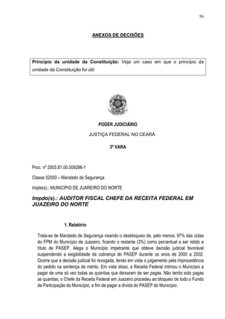 56



                                ANEXOS DE DECISÔES




Princípio da unidade da Constituição: Veja um caso em que o princípio da
unidade da Constituição foi útil




                                   PODER JUDICIÁRIO

                               JUSTIÇA FEDERAL NO CEARÁ

                                         3ª VARA



Proc. nº 2003.81.00.009296-1

Classe 02000 – Mandado de Segurança

Impte(s).: MUNICIPIO DE JUAREIRO DO NORTE

Impdo(s).: AUDITOR FISCAL CHEFE DA RECEITA FEDERAL EM
JUAZEIRO DO NORTE


                1. Relatório

  Trata-se de Mandado de Segurança visando o desbloqueio de, pelo menos, 97% das cotas
  do FPM do Município de Juazeiro, ficando o restante (3%) como percentual a ser retido a
  título de PASEP. Alega o Município impetrante que obteve decisão judicial favorável
  suspendendo a exigibilidade da cobrança do PASEP durante os anos de 2000 a 2002.
  Ocorre que a decisão judicial foi revogada, tendo em vista o julgamento pela improcedência
  do pedido na sentença de mérito. Em vista disso, a Receita Federal intimou o Município a
  pagar de uma só vez todas as quantias que deixaram de ser pagas. Não tendo sido pagas
  as quantias, o Chefe da Receita Federal em Juazeiro procedeu ao bloqueio de todo o Fundo
  de Participação do Município, a fim de pagar a dívida do PASEP do Município.
 