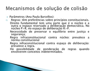  Parâmetros (Ana Paula Barcellos):
1) Regras: têm preferências sobre princípios constitucionais.
Direito fundamental tem uma parte que é o núcleo e a
outra o espaço reservado a deliberação democrática. No
núcleo P>R; no espaço de deliberação R>P.
Necessidade de preservar o equilíbrio entre justiça e
segurança;
Regra infraconstitucional contra núcleo: prevalece a
norma constitucional
Regra infraconstitucional contra espaço de deliberação:
prevalece a regra.
Há possibilidade de ponderação de regras quando
envolverem conceitos indeterminados.
 