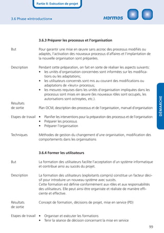 Partie II: Exécution de projet



3.6 Phase «Introduction»




                 3.6.3 Préparer les processus et l’organisation

But              Pour garantir une mise en œuvre sans accroc des processus modiﬁés ou
                 adaptés, l‘activation des nouveaux processus d‘affaires et l‘implantation de
                 la nouvelle organisation sont préparées.

Description      Pendant cette préparation, on fait en sorte de réaliser les aspects suivants:
                 • les unités d‘organisation concernées sont informées sur les modiﬁca-
                    tions ou les adaptations;
                 • les utilisateurs concernés sont mis au courant des modiﬁcations ou
                    adaptations de «leurs» processus;
                 • les mesures requises dans les unités d‘organisation impliquées dans les
                    processus sont mises en œuvre (les nouveaux rôles sont occupés, les




                                                                                                          DÉMARCHE
                    autorisations sont octroyées, etc.).
Résultats
de sortie        Plan OCM, description des processus et de l’organisation, manuel d’organisation

Etapes de travail •   Planiﬁer les interventions pour la préparation des processus et de l’organisation
                  •   Préparer les processus
                  •   Préparer l’organisation

Techniques       Méthodes de gestion du changement d’une organisation, modiﬁcation des
                 comportements dans les organisations


                 3.6.4 Former les utilisateurs

But              La formation des utilisateurs facilite l‘acceptation d‘un système informatique
                 et contribue ainsi au succès du projet.

Description      La formation des utilisateurs (exploitants compris) constitue un facteur déci-
                 sif pour introduire un nouveau système avec succès.
                 Cette formation est déﬁnie conformément aux rôles et aux responsabilités
                 des utilisateurs. Elle peut ainsi être organisée et réalisée de manière efﬁ-
                 ciente et effective.

Résultats        Concept de formation, décisions de projet, mise en service (PD)
de sortie

Etapes de travail •   Organiser et exécuter les formations
                  •   Tenir la séance de décision concernant la mise en service
                                                                                                    99
 