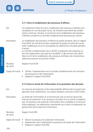 Partie II: Exécution du projet



                                                                                 3.7 Phase «Finalisation»




                            3.7.1 Clore la modélisation des processus d’affaires

           But              Les expériences faites lors de la modélisation des processus d’affaires sont
                            consignées en vue de projets futurs, de manière à permettre des amélio-
                            rations continues. De plus, la conclusion de la modélisation des processus
                            d’affaires comprend un contrôle complémentaire des processus activés.

           Description      La modélisation des processus d’affaires du projet consigne, dans le rapport
                            ﬁnal OCM, les moments les plus importants du projet du point de vue de
                            cette modélisation et sert à sauvegarder les expériences recueillies pendant
                            le projet.
                            Le contrôle complémentaire sert à vériﬁer la réalisation des exigences au
                            sein de l’organisation ainsi que leur durabilité. Si des lacunes sont identi-
DÉMARCHE




                            ﬁées à la ﬁn de la modélisation des processus d’affaires, des interventions
                            ultérieures peuvent encore être initiées.

           Résultats        Rapport ﬁnal OCM
           de sortie

           Etapes de travail •   Vériﬁer l’implémentation et le contrôle complémentaire de l’activation
                                 des processus et de l’organisation
                            •    Elaborer le rapport ﬁnal OCM


                            3.7.2 Clore la sûreté de l’information et la protection des données

           But              Les mesures de protection et les responsabilités déﬁnies dans le projet sont
                            garanties dans l’exploitation. Les risques résiduels continuent d’être traités.

           Description      La sûreté de l’information ne se termine pas avec la mise en œuvre des
                            mesures de protection. A la conclusion du projet et à sa remise à l’exploita-
                            tion, les processus de sûreté de l’information sont complétés et continuent
                            d’être appliqués. Les expériences importantes sont mises à la disposition du
                            gestionnaire de la sûreté de l’information.

           Résultats        Rapport ﬁnal SIPD
           de sortie

           Etapes de travail •   Décrire le processus de sûreté de l’information
                             •   Implémenter dans l’exploitation le processus de sûreté de l’information
                             •   Elaborer le rapport ﬁnal SIPD
           104
 