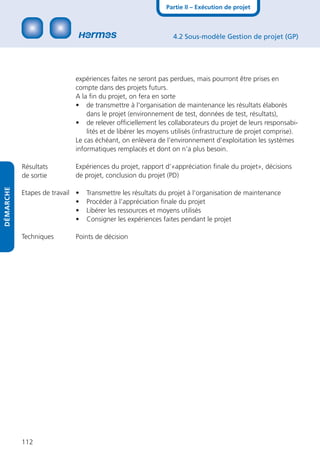 Partie II – Exécution de projet



                                                               4.2 Sous-modèle Gestion de projet (GP)




                            expériences faites ne seront pas perdues, mais pourront être prises en
                            compte dans des projets futurs.
                            A la ﬁn du projet, on fera en sorte
                            • de transmettre à l‘organisation de maintenance les résultats élaborés
                                dans le projet (environnement de test, données de test, résultats),
                            • de relever ofﬁciellement les collaborateurs du projet de leurs responsabi-
                                lités et de libérer les moyens utilisés (infrastructure de projet comprise).
                            Le cas échéant, on enlèvera de l‘environnement d‘exploitation les systèmes
                            informatiques remplacés et dont on n’a plus besoin.

           Résultats        Expériences du projet, rapport d’«appréciation ﬁnale du projet», décisions
           de sortie        de projet, conclusion du projet (PD)
DÉMARCHE




           Etapes de travail •   Transmettre les résultats du projet à l‘organisation de maintenance
                             •   Procéder à l’appréciation ﬁnale du projet
                             •   Libérer les ressources et moyens utilisés
                             •   Consigner les expériences faites pendant le projet

           Techniques       Points de décision




           112
 