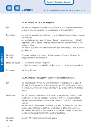 Partie II – Exécution de projet



                                                       4.3 Sous-modèle Assurance de la qualité (AQ)




                            4.3.7 Exécuter les tests de réception

           But              Les tests de réception sont exécutés, analysés et documentés de manière à
                            ce que le système puisse être remis sans accroc à l‘exploitation.

           Description      Les tests de réception sont exécutés et analysés conformément aux prépara-
                            tifs effectués.
                            Les résultats des tests sont consignés dans les comptes-rendus et dans le
                            rapport de test; ils servent de base de décision pour donner ou non le feu
                            vert au système.
                            Les erreurs et autres constatations doivent être annoncées à l‘aide d‘annon-
                            ces d‘erreur.
DÉMARCHE




           Résultats        Compte-rendu de test, rapport de test, annonce d‘erreur, décisions de
           de sortie        projet, remise du système (PD)

           Etapes de travail •   Exécuter les tests de réception
                             •   Tenir la réunion pour décider de donner ou non le feu vert au système

           Techniques       Points de décision


                            4.3.8 Consolider, analyser et traiter les données de qualité

           But              Les résultats des activités AQ sont analysés et consignés dans le rapport
                            AQ rédigé à l‘intention de la direction du projet, aﬁn que les écarts soient
                            décelés sufﬁsamment tôt et que les mesures qui s‘imposent soient prises à
                            temps.

           Description      Les informations collectées sous la forme de comptes-rendus de contrôle,
                            de comptes-rendus de test et de rapports de test sont analysées et con-
                            solidées. Il en résulte des indicateurs exprimant la qualité du projet et du
                            produit.
                            Les résultats sont consignés dans le rapport AQ. Ce dernier est une com-
                            paraison plan-état des objectifs du projet et de la démarche au niveau
                            des moyens, des délais et des ﬁnances. Il permet de prendre des mesures
                            complémentaires et d‘analyser les expériences faites.

           Résultats        Rapport AQ, ﬁchier des données de qualité
           de sortie


           118
 