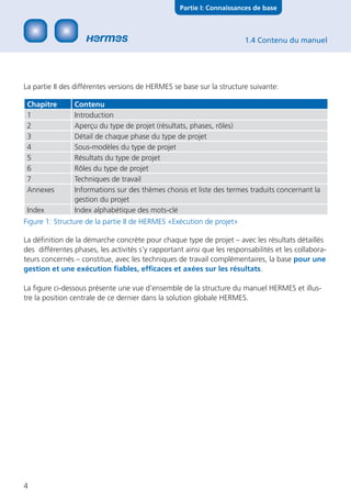 Partie I: Connaissances de base



                                                                         1.4 Contenu du manuel




La partie II des différentes versions de HERMES se base sur la structure suivante:

 Chapitre       Contenu
 1              Introduction
 2              Aperçu du type de projet (résultats, phases, rôles)
 3              Détail de chaque phase du type de projet
 4              Sous-modèles du type de projet
 5              Résultats du type de projet
 6              Rôles du type de projet
 7              Techniques de travail
 Annexes        Informations sur des thèmes choisis et liste des termes traduits concernant la
                gestion du projet
 Index          Index alphabétique des mots-clé
Figure 1: Structure de la partie II de HERMES «Exécution de projet»

La déﬁnition de la démarche concrète pour chaque type de projet – avec les résultats détaillés
des différentes phases, les activités s’y rapportant ainsi que les responsabilités et les collabora-
teurs concernés – constitue, avec les techniques de travail complémentaires, la base pour une
gestion et une exécution ﬁables, efﬁcaces et axées sur les résultats.

La ﬁgure ci-dessous présente une vue d’ensemble de la structure du manuel HERMES et illus-
tre la position centrale de ce dernier dans la solution globale HERMES.




4
 