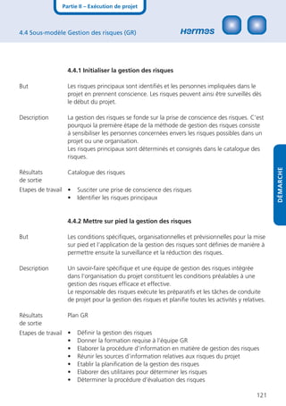 Partie II – Exécution de projet



4.4 Sous-modèle Gestion des risques (GR)




                 4.4.1 Initialiser la gestion des risques

But              Les risques principaux sont identiﬁés et les personnes impliquées dans le
                 projet en prennent conscience. Les risques peuvent ainsi être surveillés dès
                 le début du projet.

Description      La gestion des risques se fonde sur la prise de conscience des risques. C‘est
                 pourquoi la première étape de la méthode de gestion des risques consiste
                 à sensibiliser les personnes concernées envers les risques possibles dans un
                 projet ou une organisation.
                 Les risques principaux sont déterminés et consignés dans le catalogue des
                 risques.




                                                                                                      DÉMARCHE
Résultats        Catalogue des risques
de sortie
Etapes de travail •   Susciter une prise de conscience des risques
                  •   Identiﬁer les risques principaux


                 4.4.2 Mettre sur pied la gestion des risques

But              Les conditions spéciﬁques, organisationnelles et prévisionnelles pour la mise
                 sur pied et l‘application de la gestion des risques sont déﬁnies de manière à
                 permettre ensuite la surveillance et la réduction des risques.

Description      Un savoir-faire spéciﬁque et une équipe de gestion des risques intégrée
                 dans l‘organisation du projet constituent les conditions préalables à une
                 gestion des risques efﬁcace et effective.
                 Le responsable des risques exécute les préparatifs et les tâches de conduite
                 de projet pour la gestion des risques et planiﬁe toutes les activités y relatives.

Résultats        Plan GR
de sortie
Etapes de travail •   Déﬁnir la gestion des risques
                  •   Donner la formation requise à l’équipe GR
                  •   Elaborer la procédure d’information en matière de gestion des risques
                  •   Réunir les sources d’information relatives aux risques du projet
                  •   Etablir la planiﬁcation de la gestion des risques
                  •   Elaborer des utilitaires pour déterminer les risques
                  •   Déterminer la procédure d’évaluation des risques

                                                                                               121
 