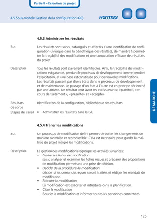 Partie II – Exécution de projet



4.5 Sous-modèle Gestion de la conﬁguration (GC)




                 4.5.3 Administrer les résultats

But              Les résultats sont saisis, catalogués et affectés d‘une identiﬁcation de conﬁ-
                 guration univoque dans la bibliothèque des résultats, de manière à permet-
                 tre la traçabilité des modiﬁcations et une consultation efﬁcace des résultats
                 du projet.

Description      Tous les résultats sont clairement identiﬁables. Ainsi, la traçabilité des modiﬁ-
                 cations est garantie, pendant le processus de développement comme pendant
                 l‘exploitation, et une base est constituée pour de nouvelles modiﬁcations.
                 Les résultats passent par divers états dans le processus de développement
                 et de maintenance. Le passage d’un état à l’autre est en principe déclenché
                 par une activité. Un résultat peut avoir les états suivants: «planiﬁé», «en




                                                                                                     DÉMARCHE
                 cours de traitement», «présenté» et «accepté».

Résultats        Identiﬁcation de la conﬁguration, bibliothèque des résultats
de sortie
Etapes de travail •   Administrer les résultats dans la GC


                 4.5.4 Traiter les modiﬁcations

But              Un processus de modiﬁcation déﬁni permet de traiter les changements de
                 manière contrôlée et reproductible. Cela est nécessaire pour garder la maî-
                 trise du projet malgré les modiﬁcations.

Description      La gestion des modiﬁcations regroupe les activités suivantes:
                 • Evaluer les ﬁches de modiﬁcation
                     saisir, analyser et examiner les ﬁches reçues et préparer des propositions
                     de modiﬁcation permettant une prise de décision.
                 • Décider de la procédure de modiﬁcation
                     décider si les demandes reçues seront traitées et rédiger les mandats de
                     modiﬁcation.
                 • Exécuter la modiﬁcation
                     La modiﬁcation est exécuter et introduite dans la planiﬁcation.
                 • Clore la modiﬁcation
                     Boucler la modiﬁcation et informer toutes les personnes concernées.




                                                                                              125
 