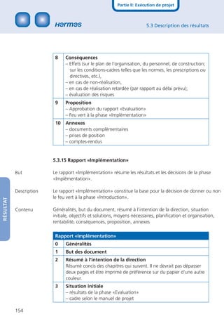 Partie II: Exécution de projet



                                                                         5.3 Description des résultats




                          8    Conséquences
                               – Effets (sur le plan de l‘organisation, du personnel, de construction;
                                 sur les conditions-cadres telles que les normes, les prescriptions ou
                                 directives, etc.),
                               – en cas de non-réalisation,
                               – en cas de réalisation retardée (par rapport au délai prévu);
                               – évaluation des risques
                          9    Proposition
                               – Approbation du rapport «Evaluation»
                               – Feu vert à la phase «Implémentation»
                          10   Annexes
                               – documents complémentaires
                               – prises de position
                               – comptes-rendus


                         5.3.15 Rapport «Implémentation»

           But           Le rapport «Implémentation» résume les résultats et les décisions de la phase
                         «Implémentation».

           Description   Le rapport «Implémentation» constitue la base pour la décision de donner ou non
                         le feu vert à la phase «Introduction».
RÉSULTAT




           Contenu       Généralités, but du document, résumé à l’intention de la direction, situation
                         initiale, objectifs et solutions, moyens nécessaires, planiﬁcation et organisation,
                         rentabilité, conséquences, proposition, annexes

                          Rapport «Implémentation»
                          0    Généralités
                          1    But des document
                          2    Résumé à l‘intention de la direction
                               Résumé concis des chapitres qui suivent. II ne devrait pas dépasser
                               deux pages et être imprimé de préférence sur du papier d‘une autre
                               couleur.
                          3    Situation initiale
                               – résultats de la phase «Evaluation»
                               – cadre selon le manuel de projet

           154
 