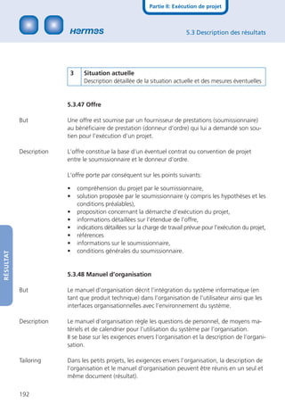 Partie II: Exécution de projet



                                                                             5.3 Description des résultats




                          3      Situation actuelle
                                 Description détaillée de la situation actuelle et des mesures éventuelles


                         5.3.47 Offre

           But           Une offre est soumise par un fournisseur de prestations (soumissionnaire)
                         au bénéﬁciaire de prestation (donneur d’ordre) qui lui a demandé son sou-
                         tien pour l’exécution d’un projet.

           Description   L‘offre constitue la base d‘un éventuel contrat ou convention de projet
                         entre le soumissionnaire et le donneur d‘ordre.

                         L‘offre porte par conséquent sur les points suivants:

                         •    compréhension du projet par le soumissionnaire,
                         •    solution proposée par le soumissionnaire (y compris les hypothèses et les
                              conditions préalables),
                         •    proposition concernant la démarche d’exécution du projet,
                         •    informations détaillées sur l’étendue de l’offre,
                         •    indications détaillées sur la charge de travail prévue pour l’exécution du projet,
                         •    références
                         •    informations sur le soumissionnaire,
                         •    conditions générales du soumissionnaire.
RÉSULTAT




                         5.3.48 Manuel d’organisation

           But           Le manuel d’organisation décrit l’intégration du système informatique (en
                         tant que produit technique) dans l’organisation de l’utilisateur ainsi que les
                         interfaces organisationnelles avec l’environnement du système.

           Description   Le manuel d’organisation règle les questions de personnel, de moyens ma-
                         tériels et de calendrier pour l’utilisation du système par l’organisation.
                         II se base sur les exigences envers l‘organisation et la description de l‘organi-
                         sation.

           Tailoring     Dans les petits projets, les exigences envers l‘organisation, la description de
                         l‘organisation et le manuel d‘organisation peuvent être réunis en un seul et
                         même document (résultat).

           192
 