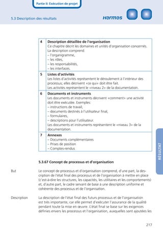 Partie II: Exécution de projet



5.3 Description des résultats




                  4     Description détaillée de l‘organisation
                        Ce chapitre décrit les domaines et unités d‘organisation concernés.
                        La description comprend
                        – l‘organigramme,
                        – les rôles,
                        – les responsabilités,
                        – les interfaces.
                  5     Listes d‘activités
                        Les listes d‘activités représentent le déroulement à l‘intérieur des
                        processus; elles décrivent «ce qui» doit être fait.
                        Les activités représentent le «niveau 2» de la documentation.
                  6     Documents et instruments
                        Les documents et instruments décrivent «comment» une activité
                        doit être exécutée. Exemples:
                        – instructions de travail,
                        – documents destinés à l‘utilisateur ﬁnal,
                        – formulaires,
                        – descriptions pour l‘utilisateur.
                        Les documents et instruments représentent le «niveau 3» de la
                        documentation.
                  7     Annexes
                        – Documents complémentaires
                        – Prises de position



                                                                                                      RÉSULTAT
                        – Comptes-rendus


                 5.3.67 Concept de processus et d’organisation

But              Le concept de processus et d’organisation comprend, d’une part, la des-
                 cription de l’état ﬁnal des processus et de l’organisation à mettre en place
                 (c’est-à-dire les structures, les capacités, les utilitaires et les comportements)
                 et, d’autre part, le cadre servant de base à une description uniforme et
                 cohérente des processus et de l’organisation.

Description      La description de l’état ﬁnal des futurs processus et de l’organisation
                 est très importante, car elle permet d’exécuter l’assurance de la qualité
                 pendant toute la mise en œuvre. L’état ﬁnal se base sur les exigences
                 déﬁnies envers les processus et l’organisation, auxquelles sont ajoutées les


                                                                                               217
 