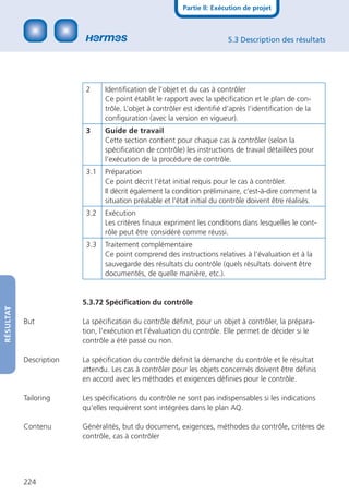 Partie II: Exécution de projet



                                                                         5.3 Description des résultats




                          2     Identiﬁcation de l‘objet et du cas à contrôler
                                Ce point établit le rapport avec la spéciﬁcation et le plan de con-
                                trôle. L’objet à contrôler est identiﬁé d’après l’identiﬁcation de la
                                conﬁguration (avec la version en vigueur).
                          3     Guide de travail
                                Cette section contient pour chaque cas à contrôler (selon la
                                spéciﬁcation de contrôle) les instructions de travail détaillées pour
                                l’exécution de la procédure de contrôle.
                          3.1   Préparation
                                Ce point décrit l‘état initial requis pour le cas à contrôler.
                                Il décrit également la condition préliminaire, c‘est-à-dire comment la
                                situation préalable et l‘état initial du contrôle doivent être réalisés.
                          3.2   Exécution
                                Les critères ﬁnaux expriment les conditions dans lesquelles le cont-
                                rôle peut être considéré comme réussi.
                          3.3   Traitement complémentaire
                                Ce point comprend des instructions relatives à l‘évaluation et à la
                                sauvegarde des résultats du contrôle (quels résultats doivent être
                                documentés, de quelle manière, etc.).


                         5.3.72 Spéciﬁcation du contrôle
RÉSULTAT




           But           La spéciﬁcation du contrôle déﬁnit, pour un objet à contrôler, la prépara-
                         tion, l’exécution et l’évaluation du contrôle. Elle permet de décider si le
                         contrôle a été passé ou non.

           Description   La spéciﬁcation du contrôle déﬁnit la démarche du contrôle et le résultat
                         attendu. Les cas à contrôler pour les objets concernés doivent être déﬁnis
                         en accord avec les méthodes et exigences déﬁnies pour le contrôle.

           Tailoring     Les spéciﬁcations du contrôle ne sont pas indispensables si les indications
                         qu‘elles requièrent sont intégrées dans le plan AQ.

           Contenu       Généralités, but du document, exigences, méthodes du contrôle, critères de
                         contrôle, cas à contrôler




           224
 