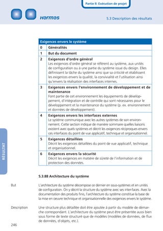 Partie II: Exécution de projet



                                                                          5.3 Description des résultats




                          Exigences envers le système
                          0     Généralités
                          1     But du document
                          2     Exigences d‘ordre général
                                Les exigences d’ordre général se réfèrent au système, aux unités
                                de conﬁguration ou à une partie du système issue du design. Elles
                                déﬁnissent la tâche du système ainsi que sa criticité et établissent
                                les exigences envers la qualité, la convivialité et l’utilisation ainsi
                                qu’envers la réalisation des interfaces internes.
                          3     Exigences envers l‘environnement de développement et de
                                maintenance
                                Font partie de cet environnement les équipements de dévelop-
                                pement, d’intégration et de contrôle qui sont nécessaires pour le
                                développement et la maintenance du système (p. ex. environnement
                                et données de développement).
                          4     Exigences envers les interfaces externes
                                Le système communique avec les autres systèmes de son environ-
                                nement. Cette section indique de manière sommaire quelles liaisons
                                existent avec quels systèmes et décrit les exigences réciproques envers
                                ces interfaces du point de vue applicatif, technique et organisationnel.
                          5     Exigences détaillées
                                Décrit les exigences détaillées du point de vue applicatif, technique
RÉSULTAT




                                et organisationnel.
                          6     Exigences envers la sécurité
                                Décrit les exigences en matière de sûreté de l’information et de
                                protection des données.


                         5.3.88 Architecture du système

           But           L‘architecture du système décompose ce dernier en sous-systèmes et en unités
                         de conﬁguration. On y décrit la structure du système avec ses inter-faces. Avec la
                         documentation des produits ﬁnis, l‘architecture du système constitue la base de
                         la mise en oeuvre technique et organisationnelle des exigences envers le système.

           Description   Une structure plus détaillée doit être ajoutée à partir du modèle de démar-
                         che correspondant. L‘architecture du système peut être présentée aussi bien
                         sous forme de texte structuré que de modèles (modèles de données, de ﬂux
                         de données, d‘objets, etc.).
           246
 
