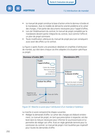 Partie II: Exécution de projet



                                                                  7.2 Attribution de mandat




      •   Le manuel de projet constitue la base d’action entre le donneur d’ordre et
          le mandataire. Avec le modèle de démarche orienté problème et le cahier
          des charges, il fait partie des documents nécessaires pour l’appel d’offres.
      •   Lors de l’établissement du contrat, le manuel de projet complété par le
          mandataire devient partie intégrante du contrat, tout comme l’offre et
          un plan de projet sommaire.
      •   Toute modiﬁcation ultérieure du manuel de projet peut par conséquent
          aussi avoir des effets sur le contrat.

      La ﬁgure ci-après illustre une procédure idéalisée et simpliﬁée d’attribution
      de mandat, qui doit dans chaque cas être adaptée à la situation spéciﬁque
      au projet.

      Donneur d’ordre (BP)                                        Mandataire (FP)
                              Etablir
                              l’appel d’offres

                                     Cahier des charges
                                      Manuel de projet
                                             Conditions             Elaborer
                                        générales (CG)              le dossier d’offre


                                                                                        Offre
                              Evaluer les offres                    Manuel de projet complété
                                                                      Plan de projet sommaire




           Répétition de
           l’appel d’offres                Choix de l’offre



                Arrêt
                                Conclusion du contrat


      Figure 37: Marche à suivre pour l’attribution d’un mandat à l’extérieur

      La marche à suivre comprend les étapes suivantes:
      • Rédiger la demande d’offre: Le cahier des charges est élaboré entière-
         ment. Le manuel de projet, en tant que prescription à respecter, est éla-
         boré dans la mesure nécessaire pour informer le soumissionnaire et lui
         permettre de rédiger son offre. II est en règle générale terminé pour la
         conclusion du contrat. Le manuel de projet n’est toutefois pas impératif
         pour toutes les demandes d’offre.
292
 