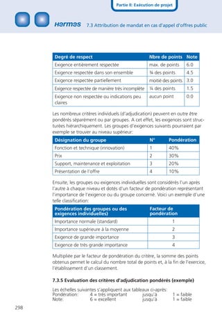 Partie II: Exécution de projet



                       7.3 Attribution de mandat en cas d’appel d’offres public




       Degré de respect                                Nbre de points Note
       Exigence entièrement respectée                  max. de points      6.0
       Exigence respectée dans son ensemble            ¾ des points        4.5
       Exigence respectée partiellement                moitié des points 3.0
       Exigence respectée de manière très incomplète   ¼ des points        1.5
       Exigence non respectée ou indications peu       aucun point         0.0
       claires

      Les nombreux critères individuels (d‘adjudication) peuvent en outre être
      pondérés séparément ou par groupes. A cet effet, les exigences sont struc-
      turées hiérarchiquement. Les groupes d‘exigences suivants pourraient par
      exemple se trouver au niveau supérieur:
       Désignation du groupe                           N°          Pondération
       Fonction et technique (innovation)              1           40%
       Prix                                            2           30%
       Support, maintenance et exploitation            3           20%
       Présentation de l‘offre                         4           10%

      Ensuite, les groupes ou exigences individuelles sont considérés l‘un après
      l‘autre à chaque niveau et dotés d‘un facteur de pondération représentant
      l‘importance de l‘exigence ou du groupe concerné. Voici un exemple d‘une
      telle classiﬁcation:
       Pondération des groupes ou des                  Facteur de
       exigences individuelles)                        pondération
       Importance normale (standard)                                1
       Importance supérieure à la moyenne                           2
       Exigence de grande importance                                3
       Exigence de très grande importance                           4

      Multipliée par le facteur de pondération du critère, la somme des points
      obtenus permet le calcul du nombre total de points et, à la ﬁn de l’exercice,
      l’établissement d’un classement.

      7.3.5 Evaluation des critères d’adjudication pondérés (exemple)
      Les échelles suivantes s’appliquent aux tableaux ci-après:
      Pondération:       4 = très important        jusqu’à          1 = faible
      Note:              6 = excellent             jusqu’à          1 = faible
298
 