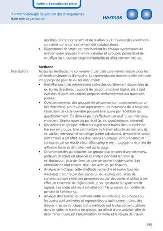 Partie II: Exécution de projet


7.9 Méthodologie de gestion des changements
dans une organisation




                    modèles de comportement et de relation ou l‘inﬂuence des conditions
                    concrètes sur le comportement des collaborateurs.
                •   Diagrammes de structure: représentent les réseaux systémiques de
                    relation entre groupes et entre individus et groupes; permettent de
                    visualiser les structures organisationnelles et effectivement vécues.

                Méthode
Description     Toutes les méthodes ne conviennent pas dans une même mesure pour les
                différents instruments d’enquête. La représentation montre quelle méthode
                est appropriée pour tel ou tel instrument:
                • Desk-Research: les informations collectées ou librement disponibles (p.
                    ex. lignes directrices, rapports de gestion, matériel illustré, etc.) sont
                    évaluées d’après des critères préparés conformément aux questions
                    posées.
                • Questionnements: des groupes de personnes sont questionnés sur un
                    fait déterminé. Les résultats représentent un instantané de la situation,
                    l’évolution de cette dernière pouvant être suivie par répétition du
                    questionnement. Ce dernier peut s’effectuer par oral (p. ex. interview,
                    entretien téléphonique) ou par écrit (p. ex. questionnaire, internet).
                • Discussions en groupe: différents sujets sont traités dans le cadre de
                    travaux en groupe. Une architecture de travail adaptée au contenu (p.
                    ex. atelier, interview) et un design (cadre substantiel, temporel et social)
                    sont choisis à cet effet. Les discussions en groupe sont préparées et
                    conduites par un modérateur. Elles comprennent toujours une phase de
                    réﬂexion ﬁnale et de traitement après coup.
                • Observation des participants: un groupe (partenaires d’une interview,
                    porteurs de rôles) est observé et analysé pendant le travail (p.
                    ex. discussion, jeux de rôle) par une personne indépendante. Les
                    observations sont ensuite discutées avec les participants.
                • Analyse sémiotique: cette méthode recherche et évalue tous les
                    messages transmis par des signes (p. ex. expressions, actes de
                    communication) entre des personnes ou par des objets et utilise à cet
                    effet un ensemble de règles (code, p. ex. gestuelle ou systèmes de
                    signes). Les codes utilisés à cet effet sont l’expression du modèle de
                    pensée de l’entreprise).
                • Analyse structurelle: les relations entre les individus, les groupes ou
                    les objets sont analysées et représentées graphiquement dans des
                    diagrammes de structure. Cette méthode est le plus souvent utilisée
                    dans le cadre de travaux en groupe, au début d’une analyse, aﬁn de
                    déterminer quelle est l’organisation formelle et le réseau de travail.


                                                                                            335
 