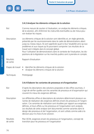 Partie II: Exécution de projet



                                                                                   3.4 Phase «Evaluation»




                            3.4.3 Analyser les éléments critiques de la solution

           But              Comme mesure de soutien à l’évaluation, on analyse les éléments critiques
                            de la solution, aﬁn d’éliminer les insécurités éventuelles ou de mieux pou-
                            voir évaluer les risques.

           Description      Les éléments critiques de la solution sont identiﬁés et, en règle générale,
                            présentés par les soumissionnaires dans le cadre de démonstrations allant
                            jusqu’au niveau requis. Ils sont appréciés quant à leur faisabilité ainsi qu’aux
                            problèmes et aux risques qu’ils pourraient comporter. Les résultats de ce
                            travail sont intégrés dans le concept global.
                            Pour l’utilisation de démonstrations dans le contexte de l’évaluation, les dis-
                            positions de la législation sur les marchés publics sont à prendre en compte.
DÉMARCHE




           Résultats        Rapport d’évaluation
           de sortie

           Etapes de travail •   Identiﬁer les éléments critiques de la solution
                             •   Analyser les éléments critiques de la solution

           Techniques       Prototypage


                            3.4.4 Elaborer les variantes de processus et d’organisation

           But              D’après les descriptions des solutions proposées et des offres soumises, il
                            s’agit de vériﬁer quelles sont les variantes de processus et d’organisation qui
                            couvrent le mieux les exigences déﬁnies.

           Description      Les différentes offres et descriptions de solutions déterminent plusieurs va-
                            riantes de réalisation des exigences déﬁnies envers les processus et l’organi-
                            sation. Ces variantes de réalisation sont étudiées par rapport aux exigences
                            déﬁnies, et leurs effets sur les processus et l’organisation sont analysés.
                            Les résultats de cette analyse sont documentés comme variantes dans le
                            design des processus et de l’organisation, et sont utilisés comme aide à la
                            décision pour le choix d’une solution.

           Résultats        Plan OCM, exigences envers les processus et l’organisation, concept de
           de sortie        transition pour les processus et l’organisation



           74
 
