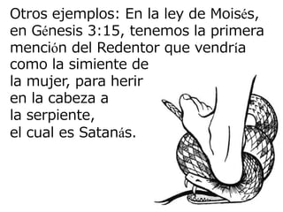 Otros ejemplos: En la ley de Moisés,
en Génesis 3:15, tenemos la primera
mención del Redentor que vendría
como la simiente de
la mujer, para herir
en la cabeza a
la serpiente,
el cual es Satanás.

 