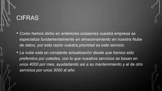 CIFRAS
• Como hemos dicho en anteriores ocasiones nuestra empresa se
especializa fundamentalmente en almacenamiento en nuestra Nube
de datos, por esta razón nuestra prioridad es este servicio.
• La nube esta en constante actualización desde que hemos sido
preferidos por ustedes, con lo que nuestros servicios se basan en
unos 4000 por mes, ayudadando asi a su mantenimiento y al de otro
servicios por unos 3000 al año
 