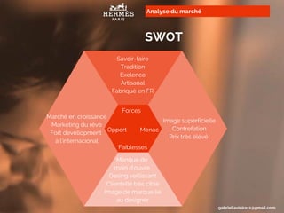 Analyse du marché
SWOT
gabriellavieira11@gmail.com
Forces
Faiblesses
Opport Menac
Savoir-faire
Tradition
Exelence
Artisanal
Fabriqué en FR
Image superficielle
Contrefation
Prix très élévé
Marché en croissance
Marketing du rêve
Fort devellopment
à l'internacional
Manque de
main d'ouvre
Desing veillissant
Clientelle très ciblé
Image de marque lié
au designer
 
