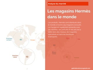 Analyse du marché
Les magasins Hermès
dans le mondeI
Les produits Hermès sont distribués dans
le monde à travers 315 magasins exclusifs.
La marque est également présente avec
ses montres, ses parfums et ses arts de la
table dans des réseaux de magasins
spécialisés et dans les boutiques
d’aéroports.
gabriellavieira11@gmail.com
 